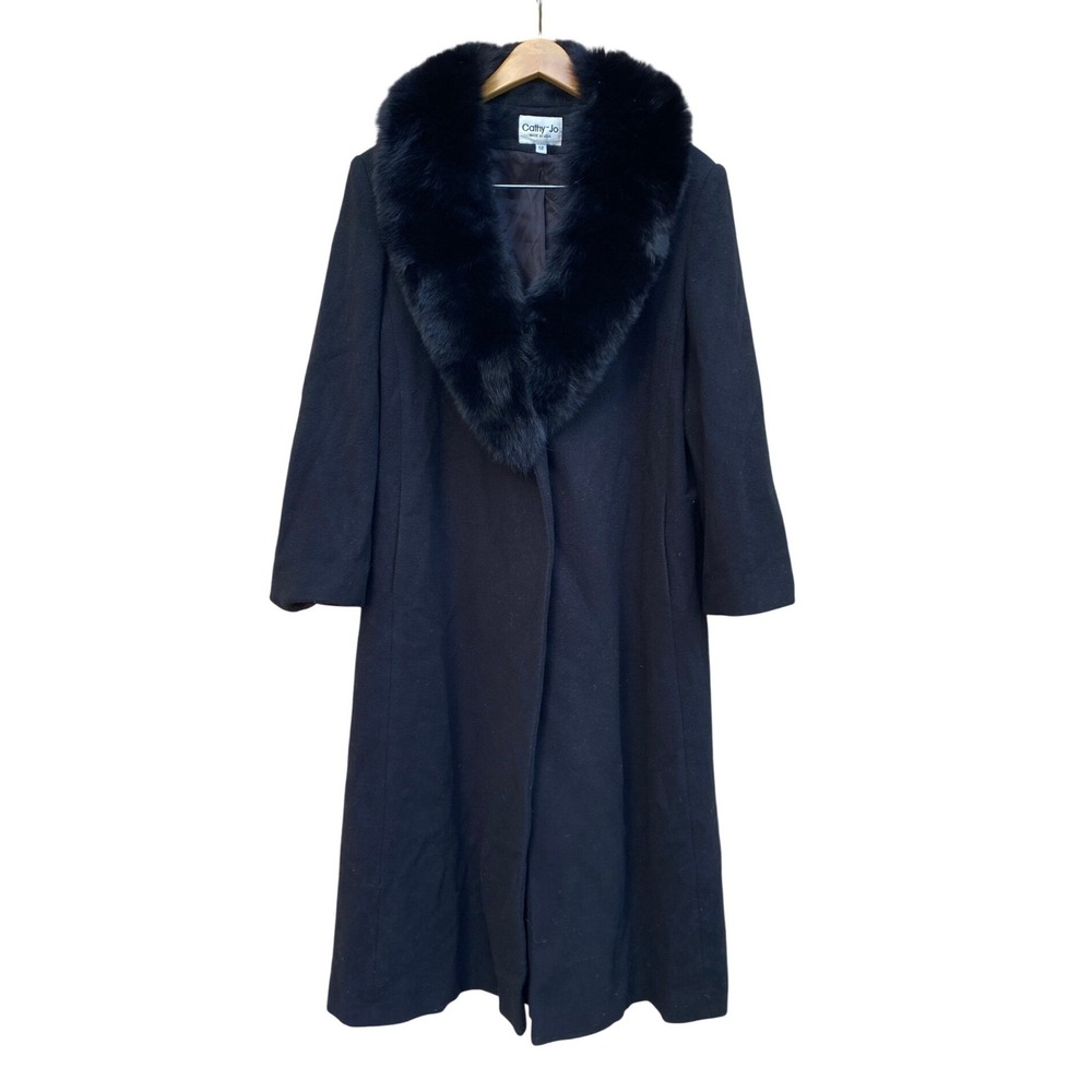 Vintage Wool Fox Fur Collar Coat‎ 12 Black Long Formal Glam Old Money Quiet Luxe